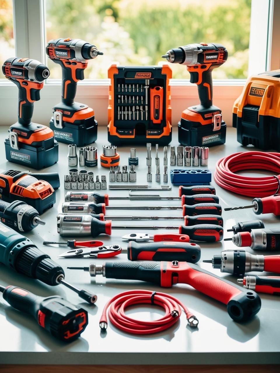 Foto mit verschiedenen Elektrobedarf (Akkuschrauber, Werkzeugset, Bohrmaschinen, Bohrschrauber, Elektrowerkzeuge, Kabel)