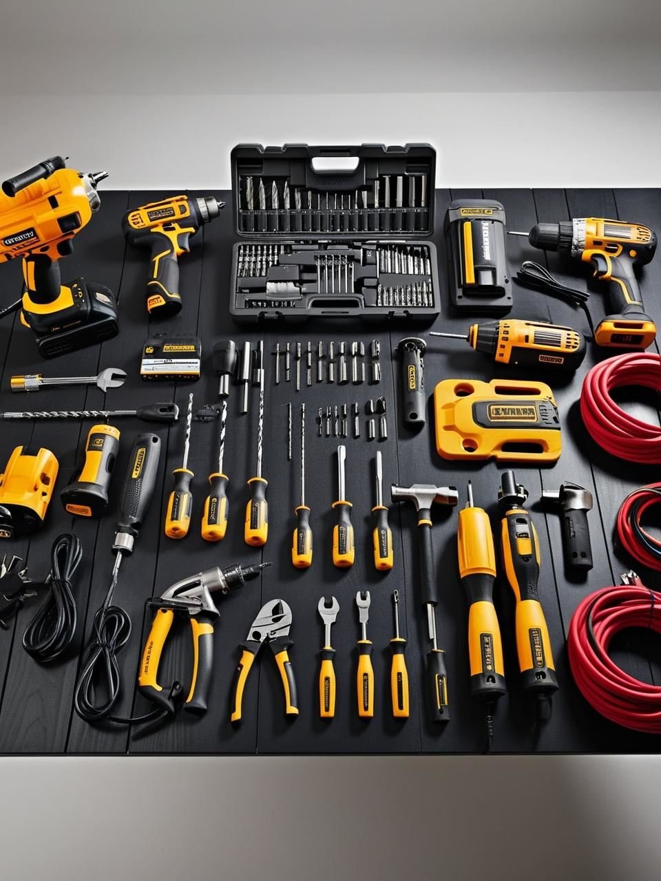 Foto mit verschiedenen Elektrobedarf (Akkuschrauber, Werkzeugset, Bohrmaschinen, Bohrschrauber, Elektrowerkzeuge, Kabel)1